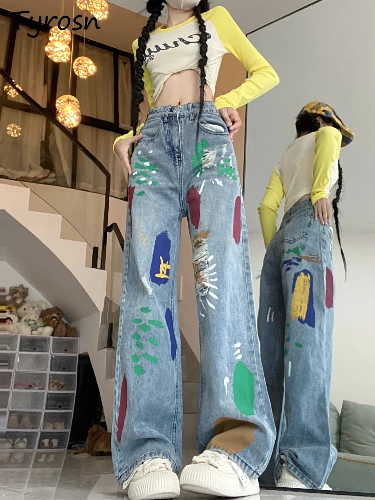 

Jeans Women American High Street Painted Graffiti Ripped Straight Summer New High Waist Slim Wide Leg Trousers Trendy Hipster