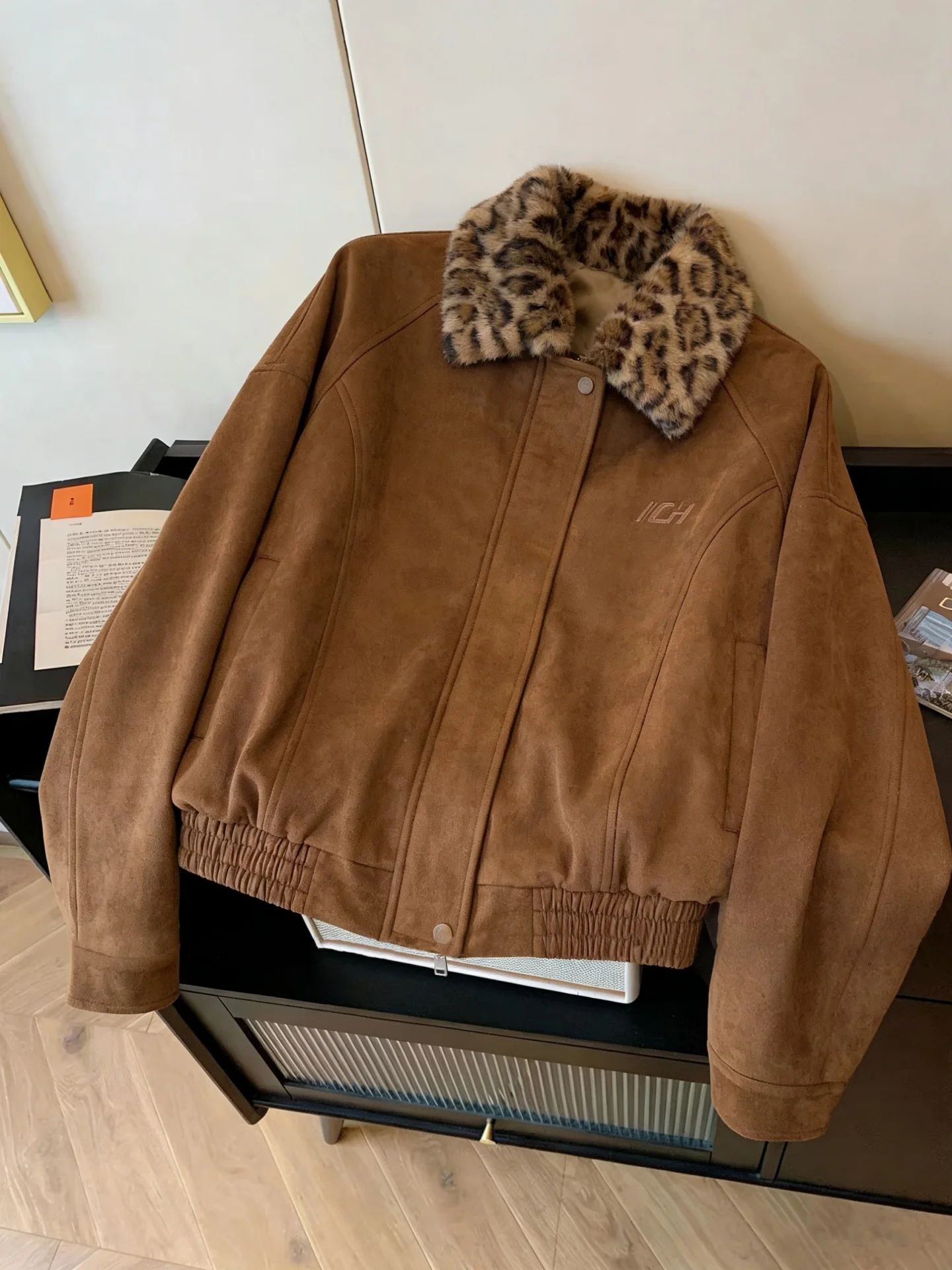 

Retro Leopard Print Suede Jaet Men's Women's Spring Autumn Cool Street Sle Mixed Plaid Collar Patchwork Outerwear