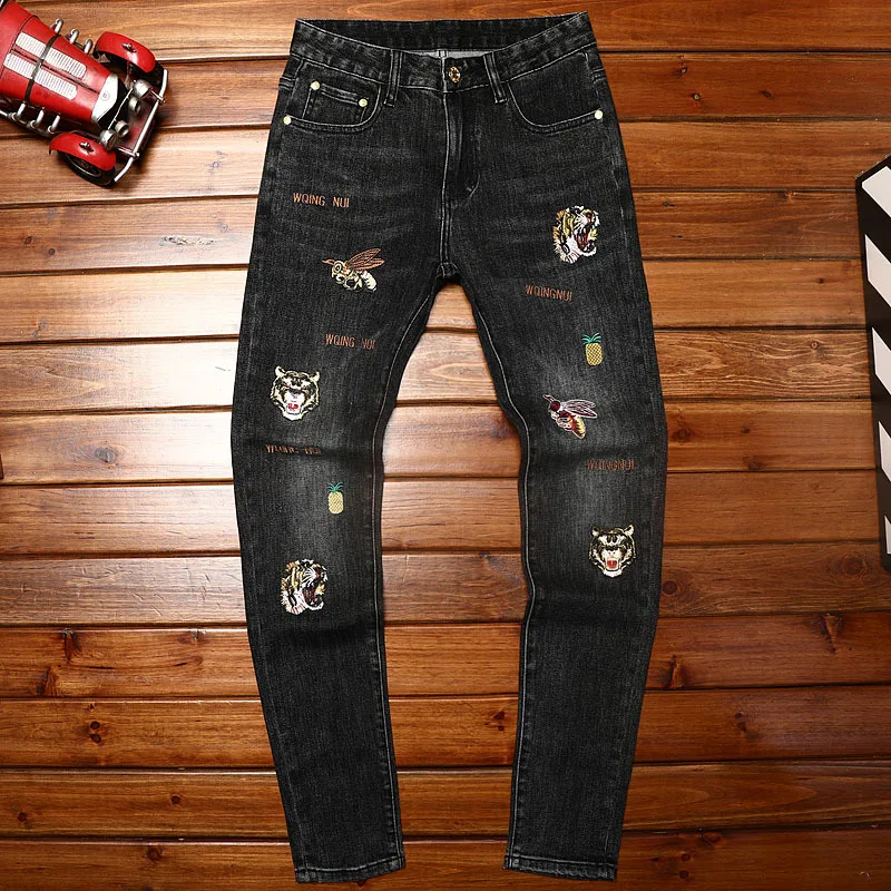 

Embroidered Jeans Men's Stretch Casual Skinny Skinny Personality Trendy Straight Fashion 2024 Men's High Street Pants Men