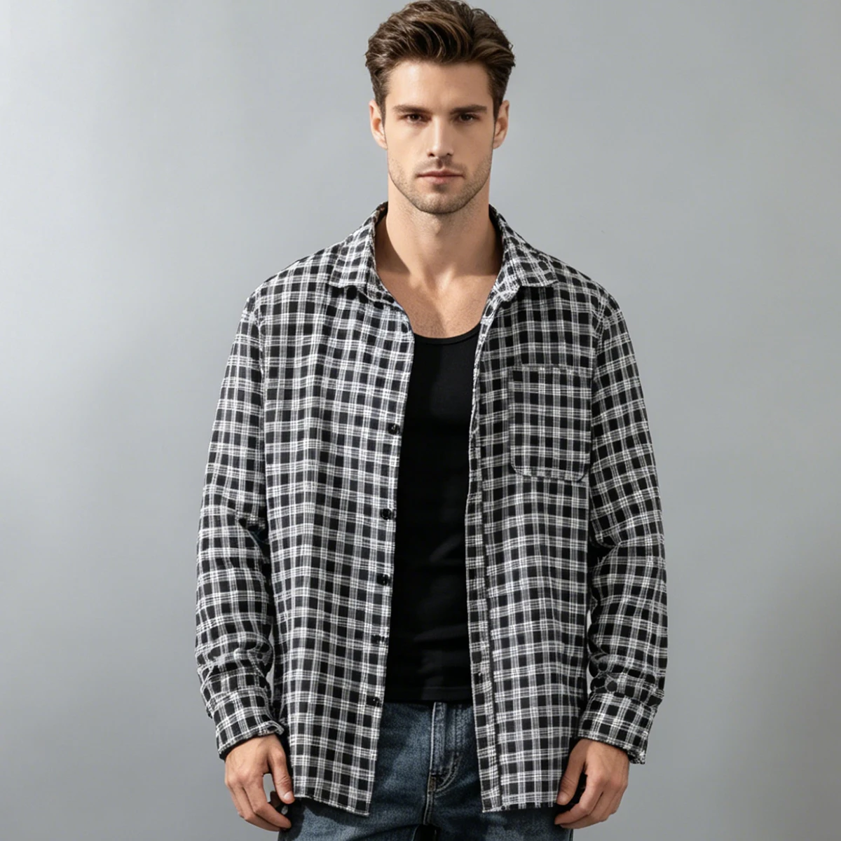 Spring and Autumn Men's Checkered Long Sleeve Top Button T-shirt Shirt Fashion Classic Shirt Youth Casual Comfortable Fashion view 6
