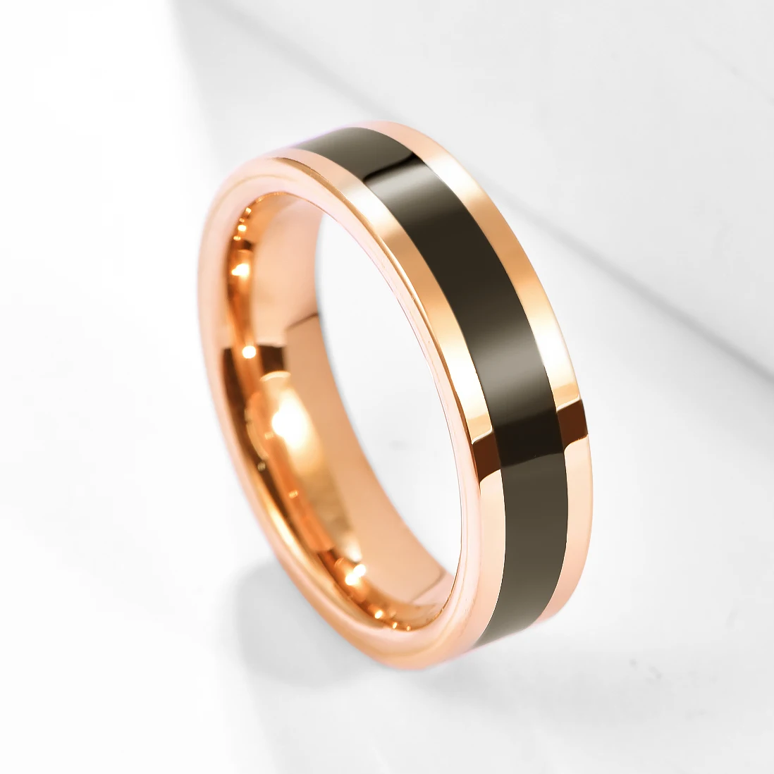 BONLAVIE 6mm Tungsten Carbide Ring Rosegold Color Black Enamel Line Women and  Men's Fashion Wedding Jewelry Best Gift Size 6-11