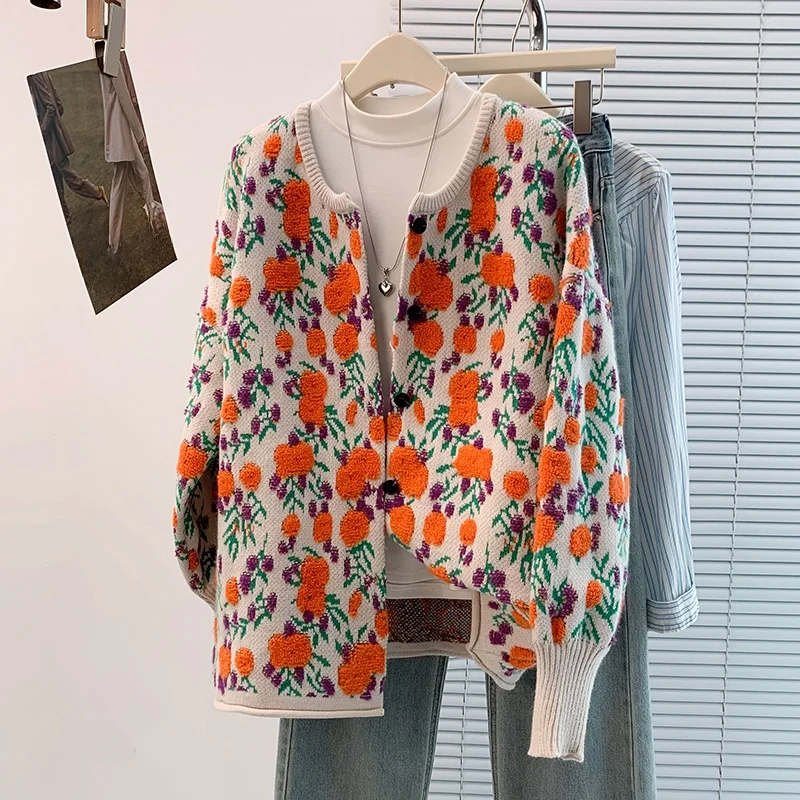 

Autumn Winter Loose Casual Large Size Cardigan Sweater Towel Embroidery All-Match Open-irt Sle Women's Faion Korean