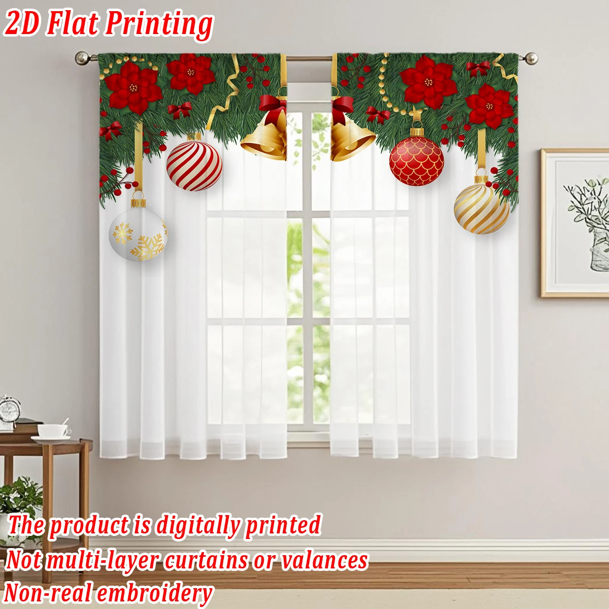 ستارة شفافة للمطبخ بطباعة مسطحة لعيد الميلاد مع كرة عيد الميلاد، جرس البونسيتة، فرع الصنوبر لحفلات ديكور المنزل في عيد الميلاد #3