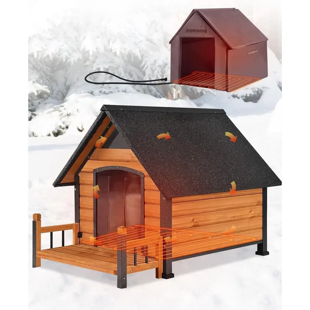 

Outdoor Heated Dog House with Weatherproof Kennel, Anti-Chew Iron Frame, and Porch for Small to Medium Dogs in Winter