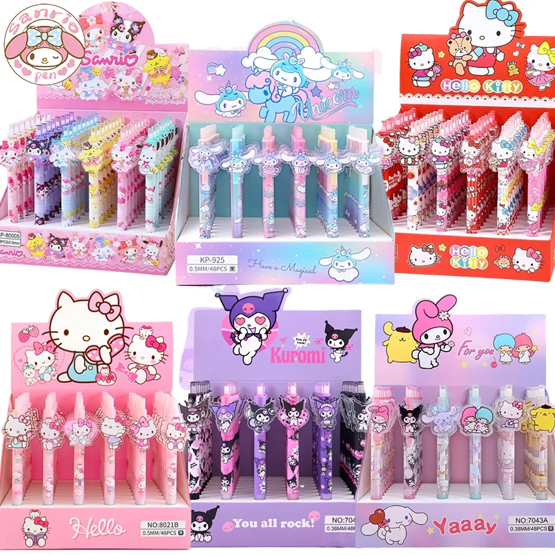 Sanrio 48pcs Press Gel Pen Cartoon Kuromi Cinnamoroll Hello Kitty Students Learn Stationery 0.5mm Black Exam Pens Exquisite Gift