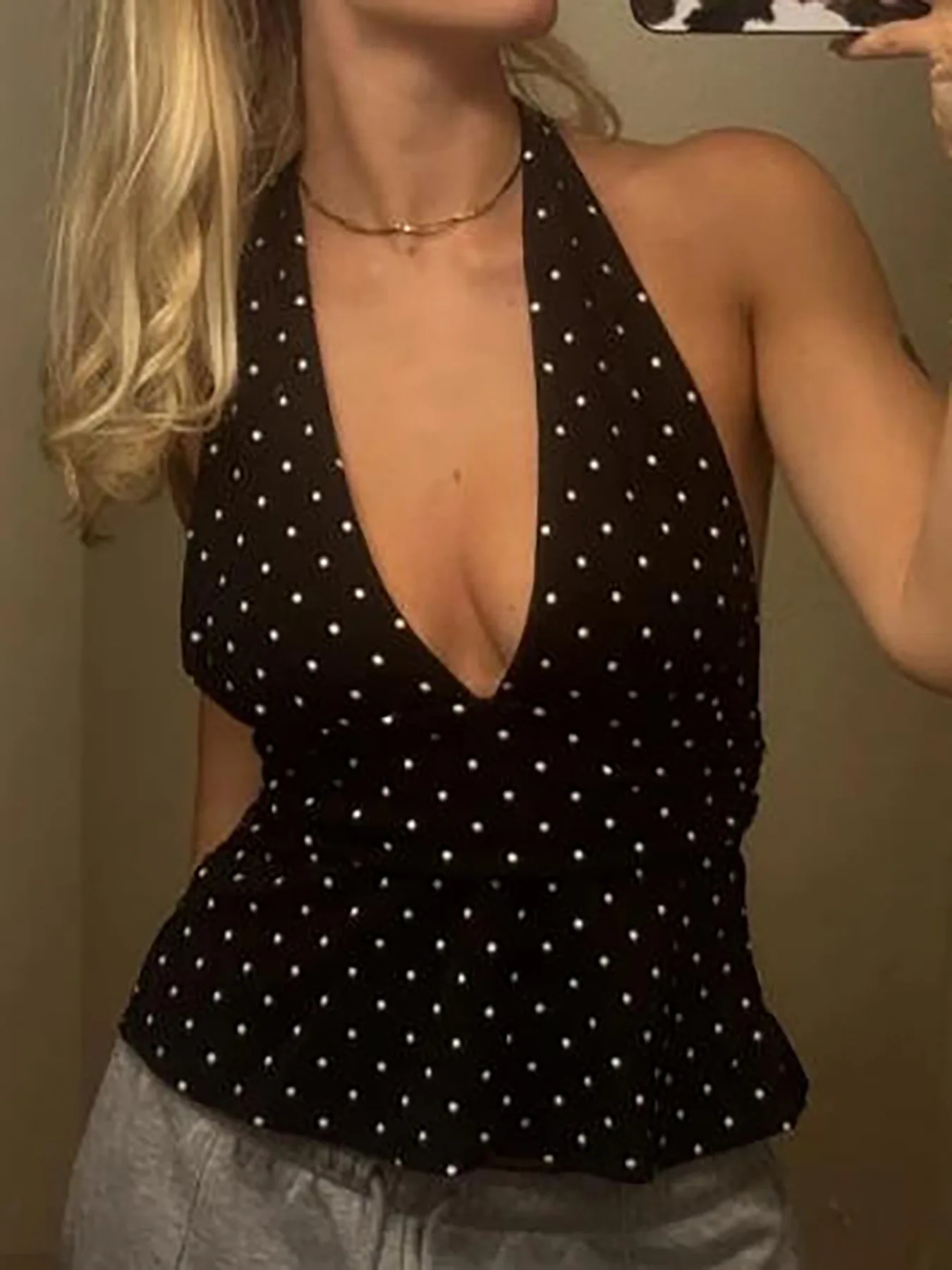 STYLISH LADY Polka Dot Printed Halter Neck Peplum Top 2026 Summer Women Sleeveless Backless V Sleeveless Elegant Party Blouses