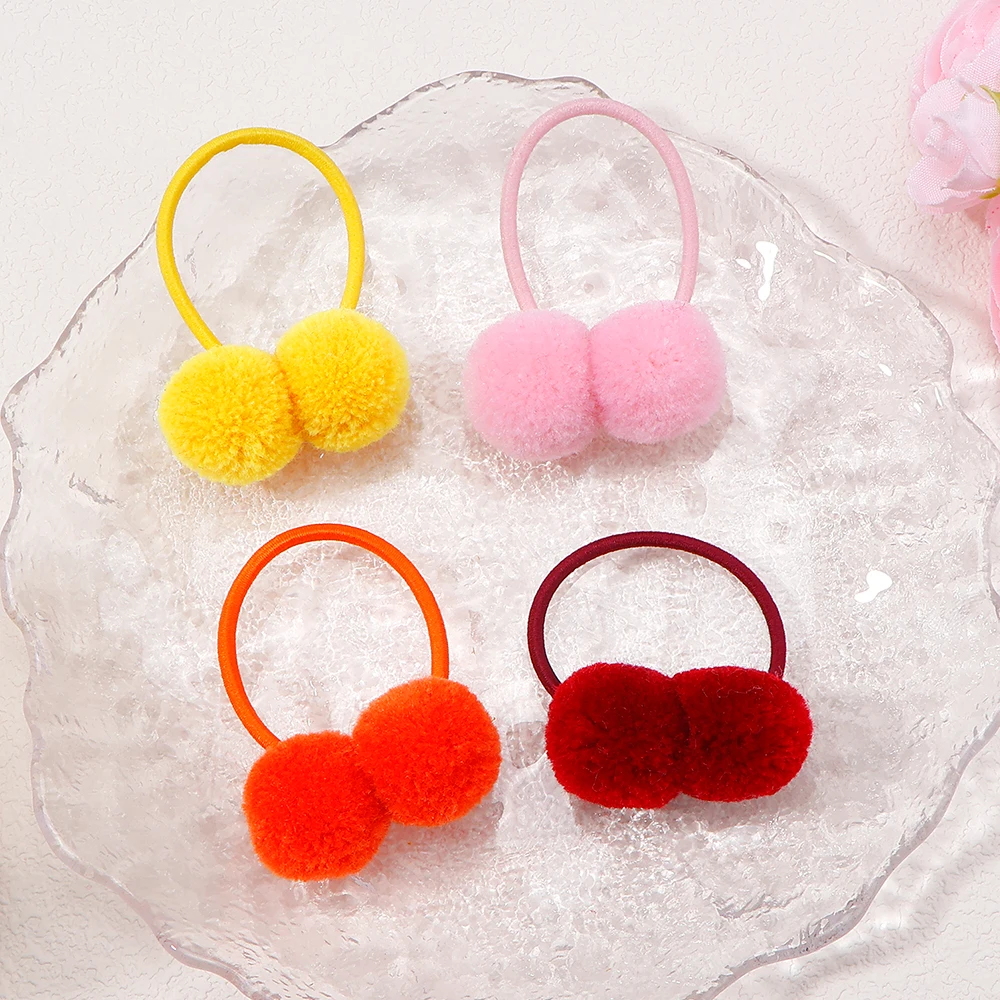 2Pcs Girls Scrunchies Double Plush Ball Hair Bands Set For Baby Kids Bobbles Elastic Hair Ropes Hair Accessories Wholesale