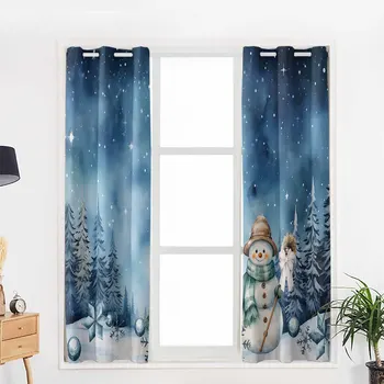 크리스마스 하늘 숲 눈사람 커튼, 거실 침실 장식 창 처리 드레이프, 주방 커튼 