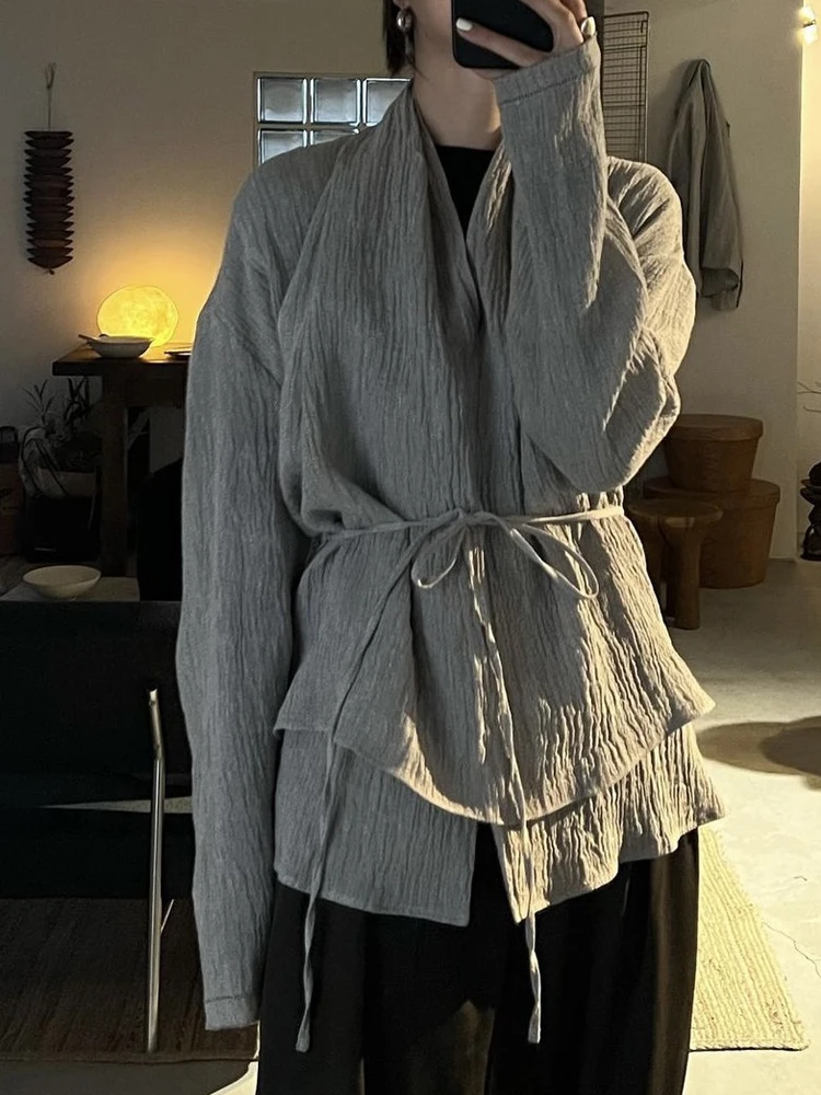 

Свободная льняная рубашка женская повседневная с длинным рукавом и V-образным вырезом, однотонная, простой стиль, весенняя новинка, корейская версия, для работы и повседневной носки