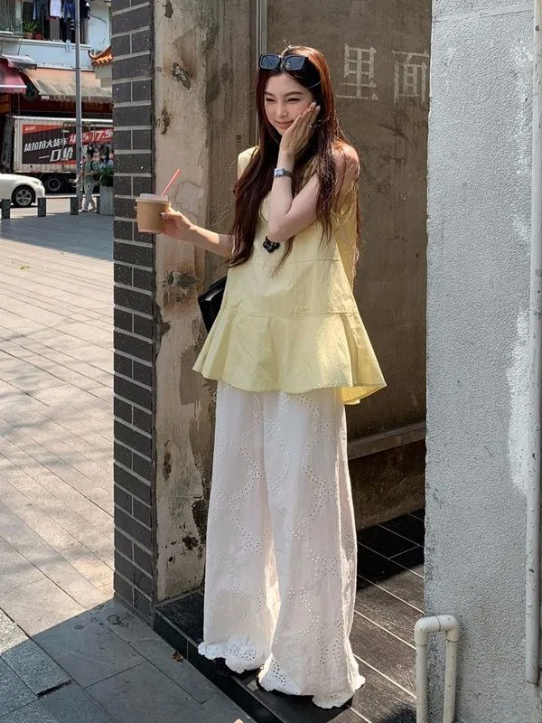 

Yellow Lace Crop Top And Wide Leg Pants Two Piece Set Women's V-Neck Button up Shirt Fashionable Summer Outfit Trendy Ensemble