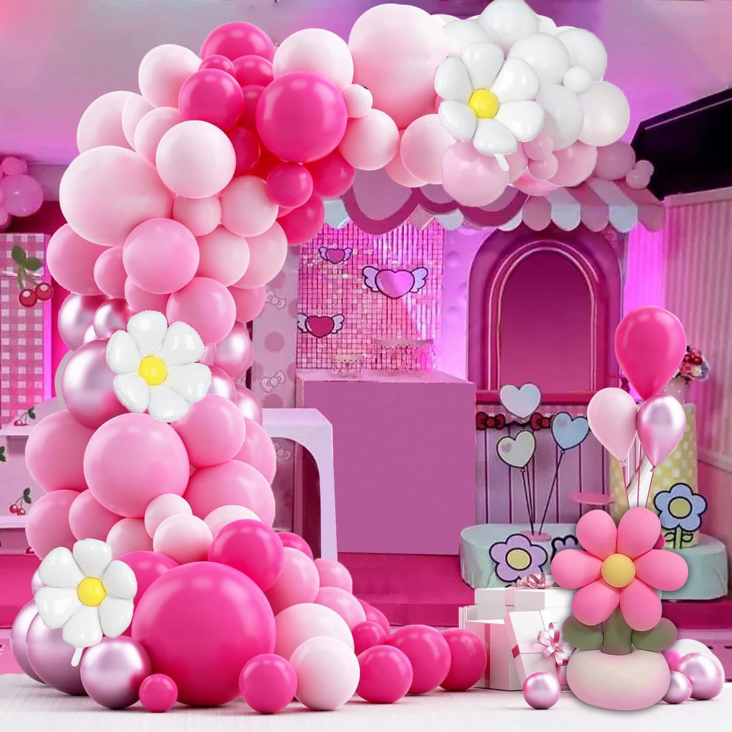 106 piezas de decoración de globos con tema de amor rosa, juego de arco de guirnalda de globos de látex rosa y blanco, globo rojo rosa adecuado para decoración de fiesta de ducha de novia de cumpleaños de princesa