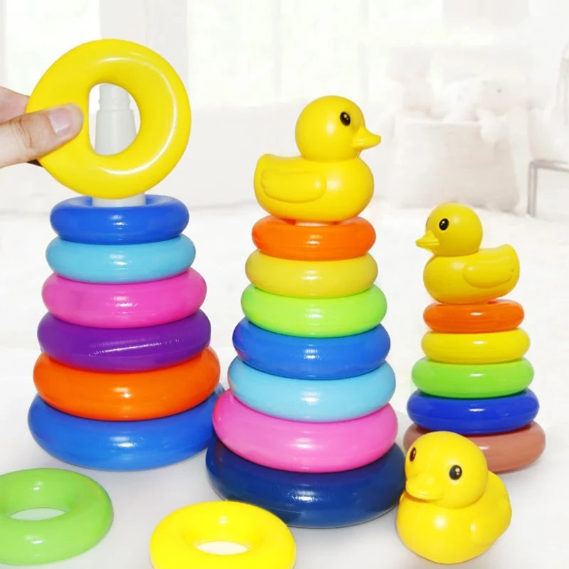 Pequeno pato amarelo arco-íris torre empilhamento círculo infantil, bebê educação infantil, quebra-cabeça anel, brinquedo montessoris para crianças