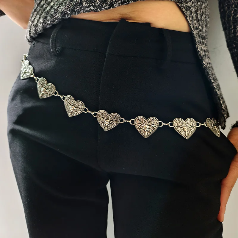 القوطية الفضة حزام على شكل سلسلة الإناث عاشق القلب الثور رئيس عملات فستان فاسق حزام فاخر مصمم أحزمة للنساء Y2K حزام البنطال الجينز #2
