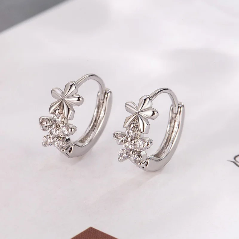 Pendientes De aro coreanos De Plata De Ley 925 con bonitos flores De cristal y plantas para Mujer, joyería para fiesta y boda, regalo, Aretes De Mujer