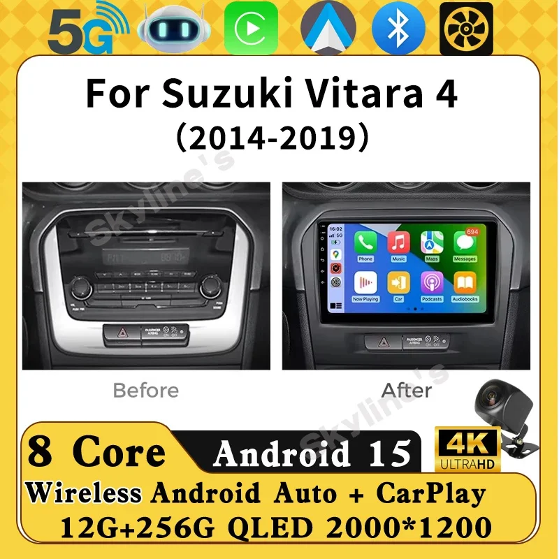 Radio para Auto con Android 16 y Carplay para Suzuki Vitara 2014-2019, Navegación GPS, Reproductor Multimedia Estéreo, Wifi+4G, Auto DSP, BT, Cámara 360