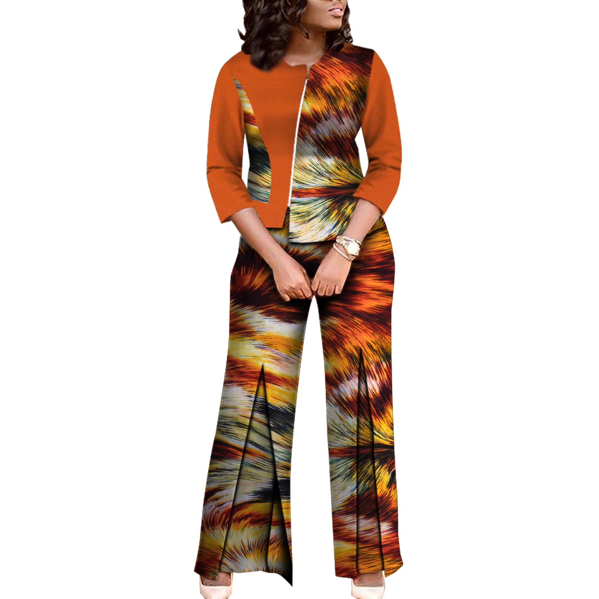 

African Women's Clothes Female Lady Print Top and Long Pants Suits Set Traditional Wide Leg Long Sleeve Party Clothing WY4116