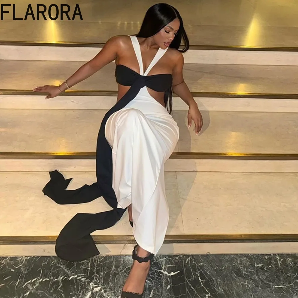

FLARORA Sexy Contrast Ribbon Patchwork Maxi Dress Woman V Neck Sleeveless Backless Bodycon Dresses Elegant Evening Party Vestido