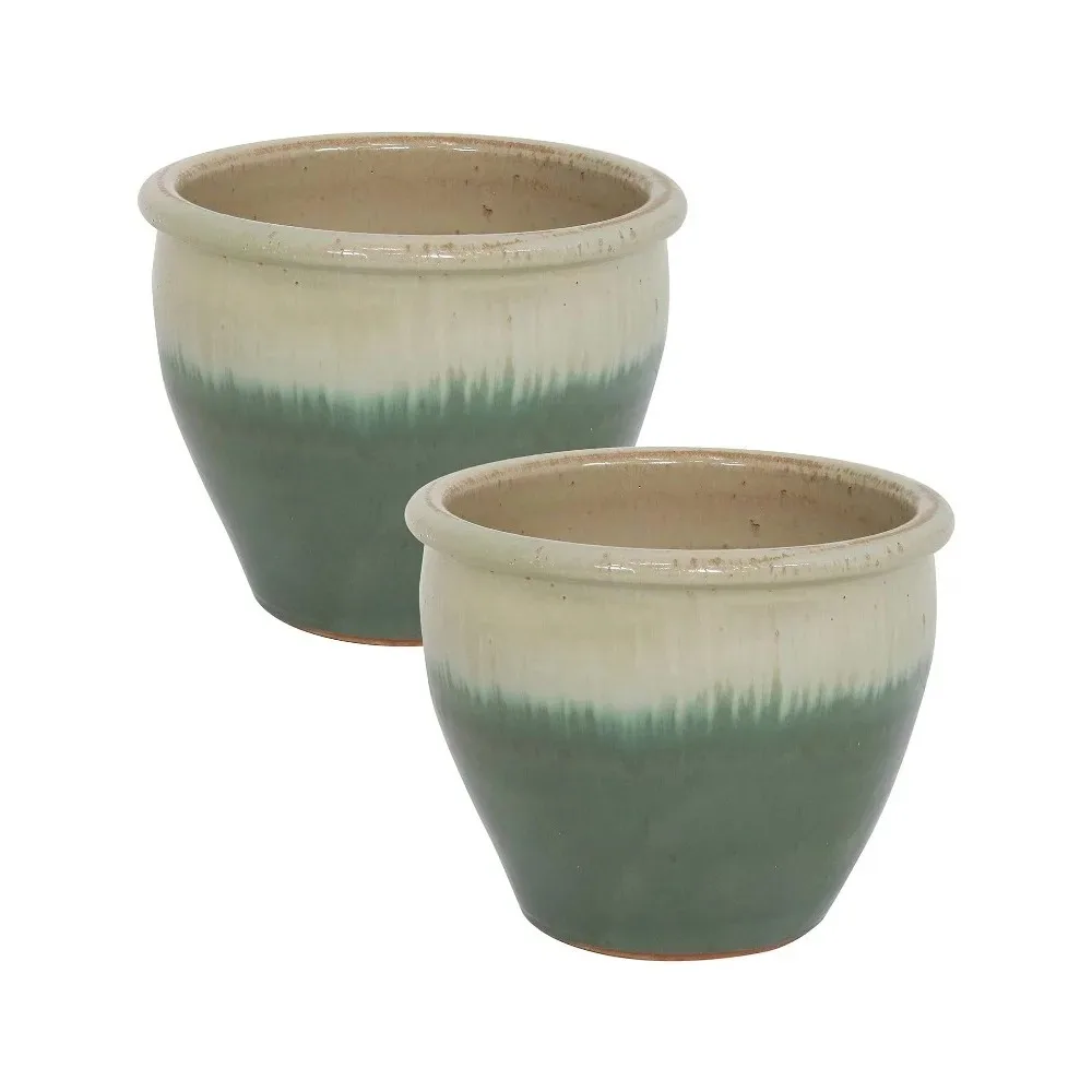 Chalet Ceramic Indoor/Outdoor Planter UV and Frost-Resistant  Seafoam Glaze Finish  12-Inch - Set of 2 Flowerpot Vase Pots