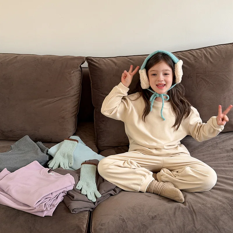 Home Pajamas Warm Thickened Fleece Home Clothing Set Grils Children Solid Ashionable Comfortable All-matching Casual Sweet Cute