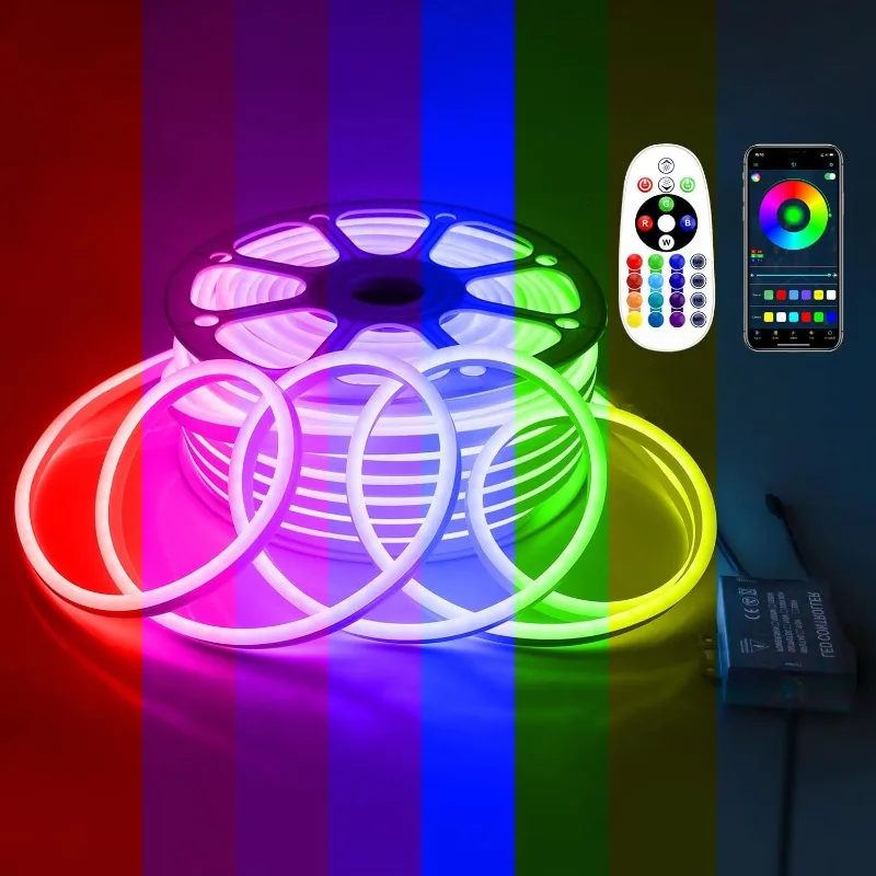 

RGB LED Neon Light Strip AC 110V-130V Flexible Outdoor Neon Rope Light 164FT Waterproof Dimmable with Bluetooth App Remo