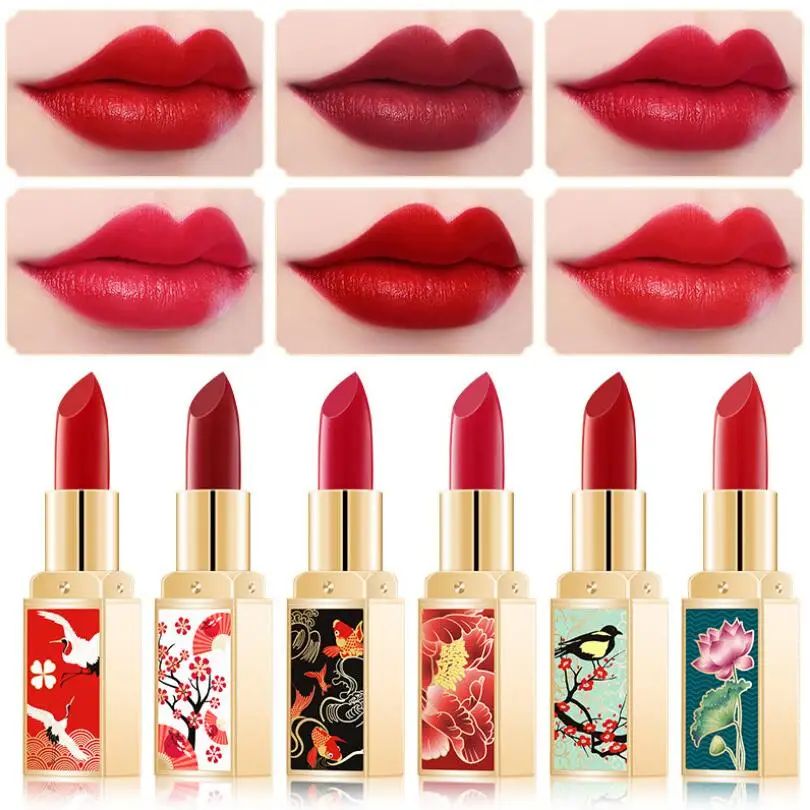 6pcs/set Chinese Style Lipstick Gift Set Box Lasting Moisturizing Nourishing Red Lip stick Cosmetics Women Beauty Makeup Set