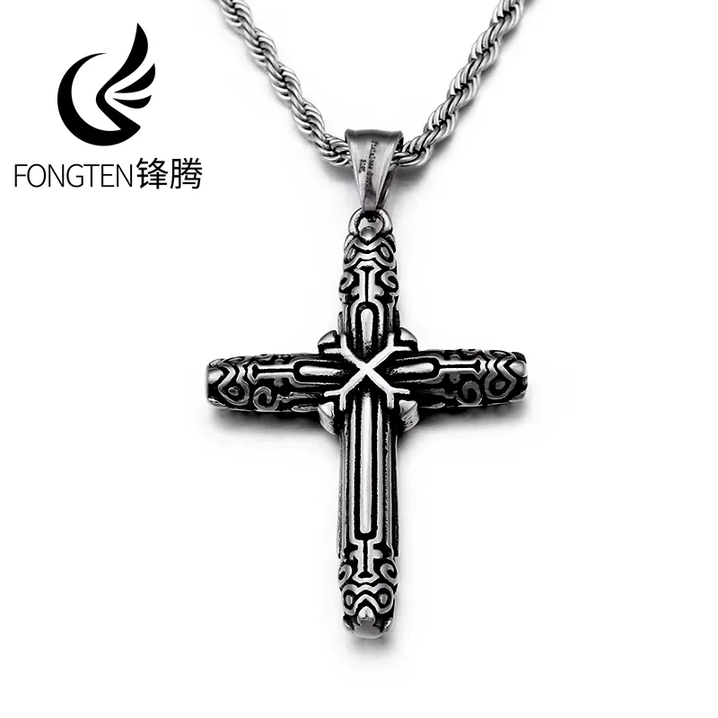 Fongten Retro Cross Blessing Pendant Necklace Men Stainless Steel Vintage Jesus Neck Choker Male Jewelry Accessories