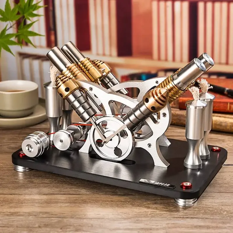 Two-cylinder Four-cylinder V4 Stirling Engine Generator Set Engine CNC High-end Startable All Metal Physics Experiment Toy