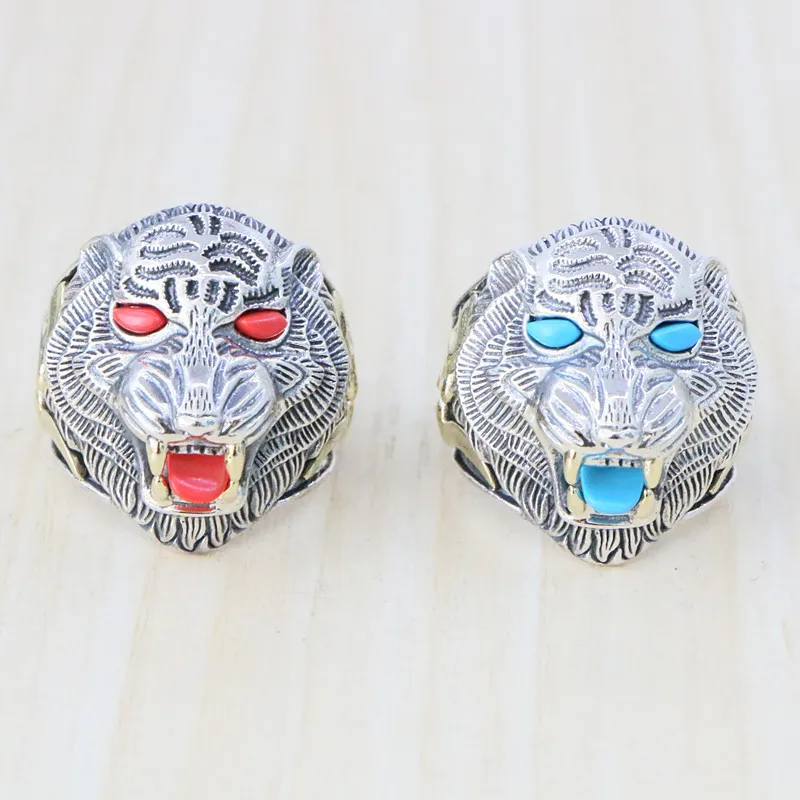 Punk style pure silver tiger head ring wide face men's nightclub accessories domineering retro Thai silver index finger personal