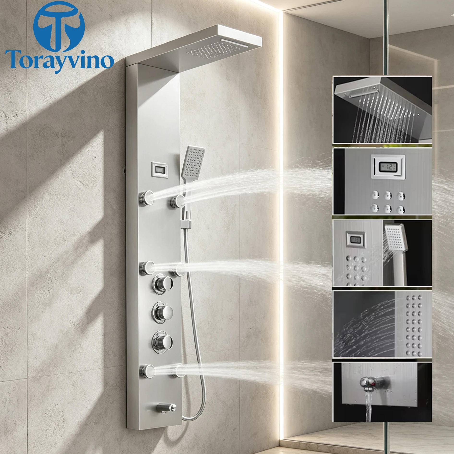 Torayvino Luxury Bathroom Stainless Steel Shower Panel Column 5 Shower Modes Rain Massage Outdoor Shower System Set Faucet Mixer