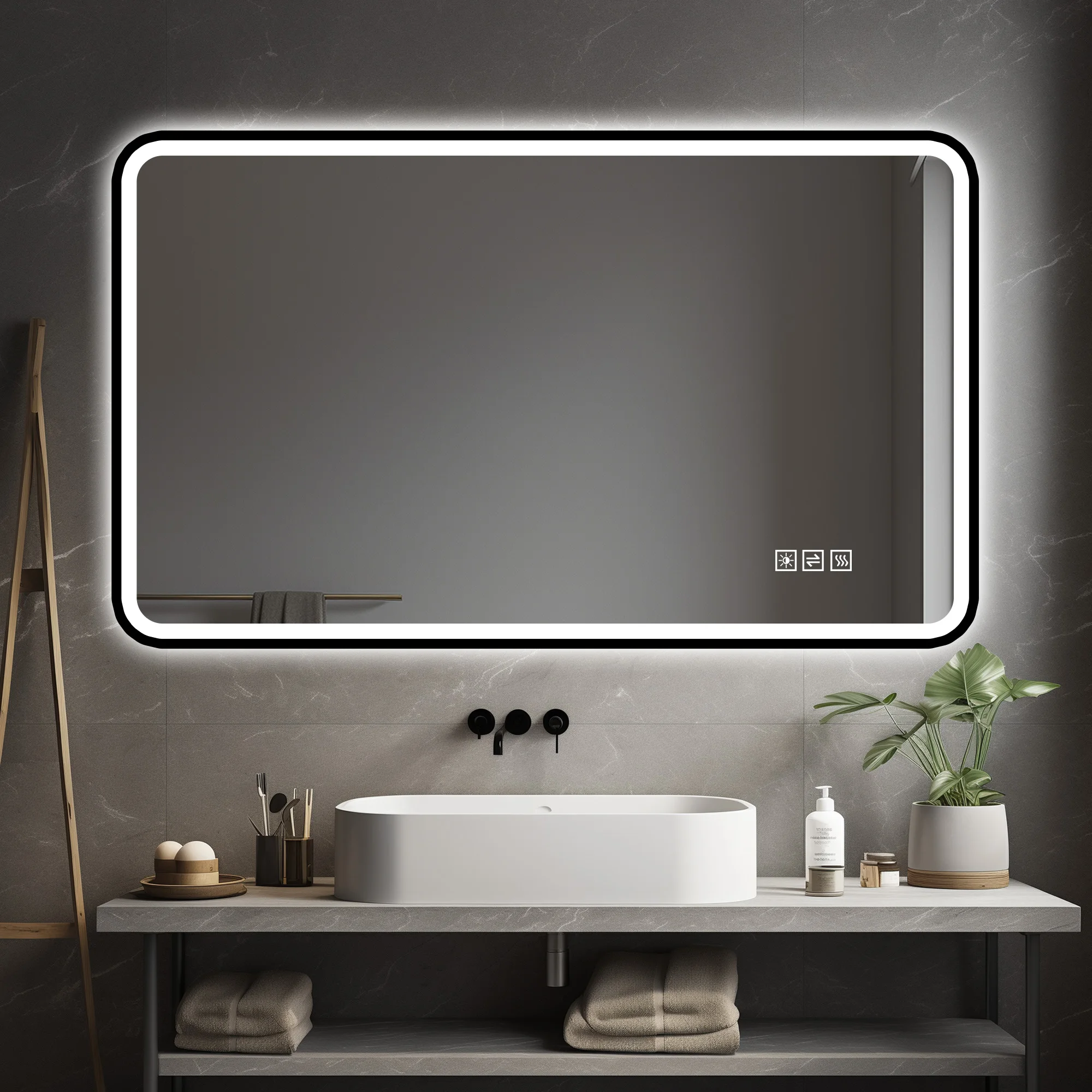 Miroir de salle de bain LED avec cadre en aluminium noir, éclairage avant et arrière, anti-buée, 3 températures de couleur, commande tactile à intensité variable, fonction mémoire, montage horizontal et vertical, étanche IP44
