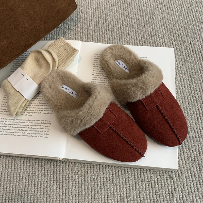 2024 Winter Warm Flats Fur Slippers Women Faux Suede Fluffy Furry Home Slides Woman Comfort Non Slip Indoor Floor Cotton Shoes