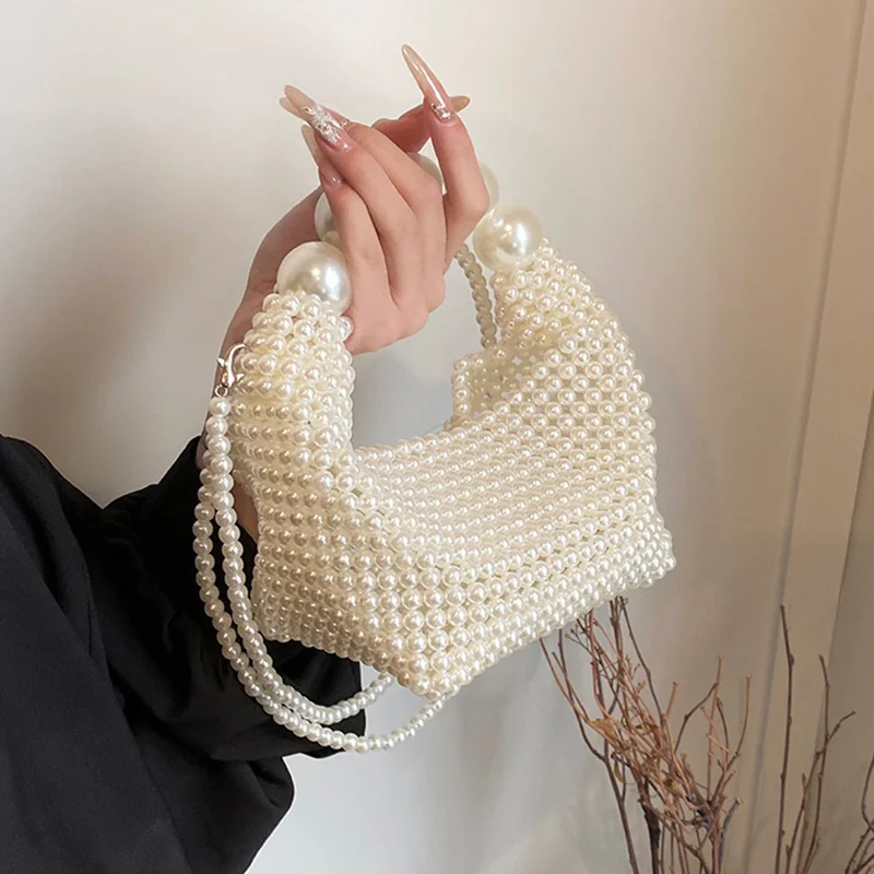 

Luxury Pearl Beading Woven Handmade Hobo Bag Fashion Women Handbag Evening Bag Wedding Party Clutch Purse Shoulder Crossbody Bag