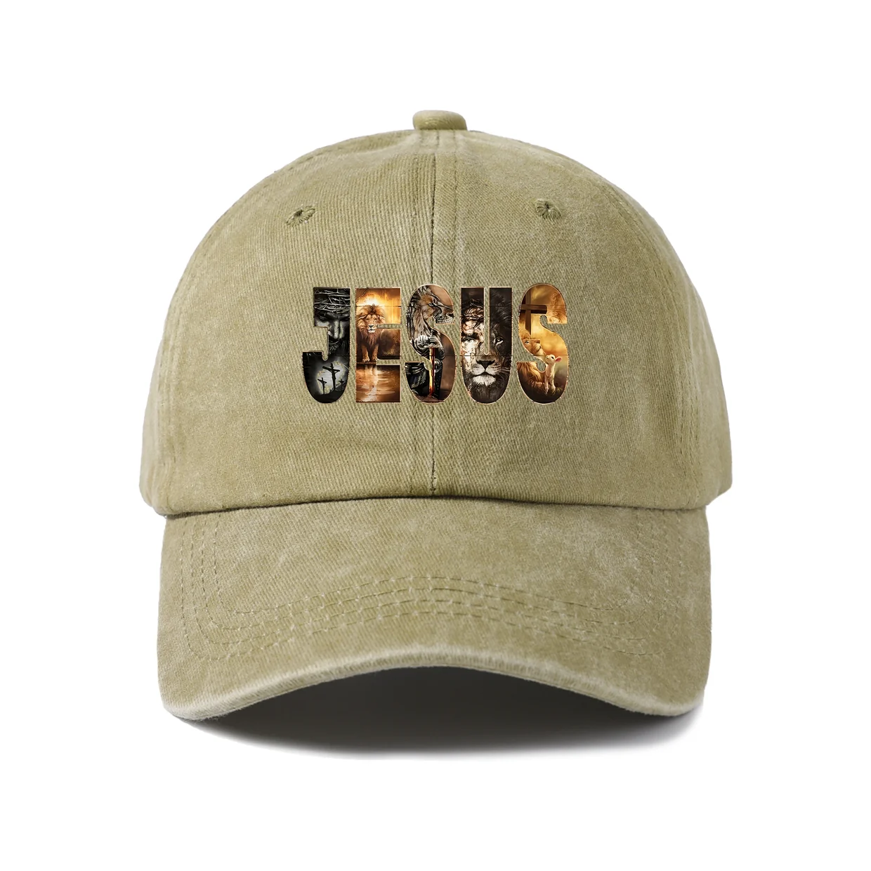 Vintage Washed Baseball Cap with Jesus Typography Collage Graphic, Adjustable Unisex Dad Hat, Streetwear Gift