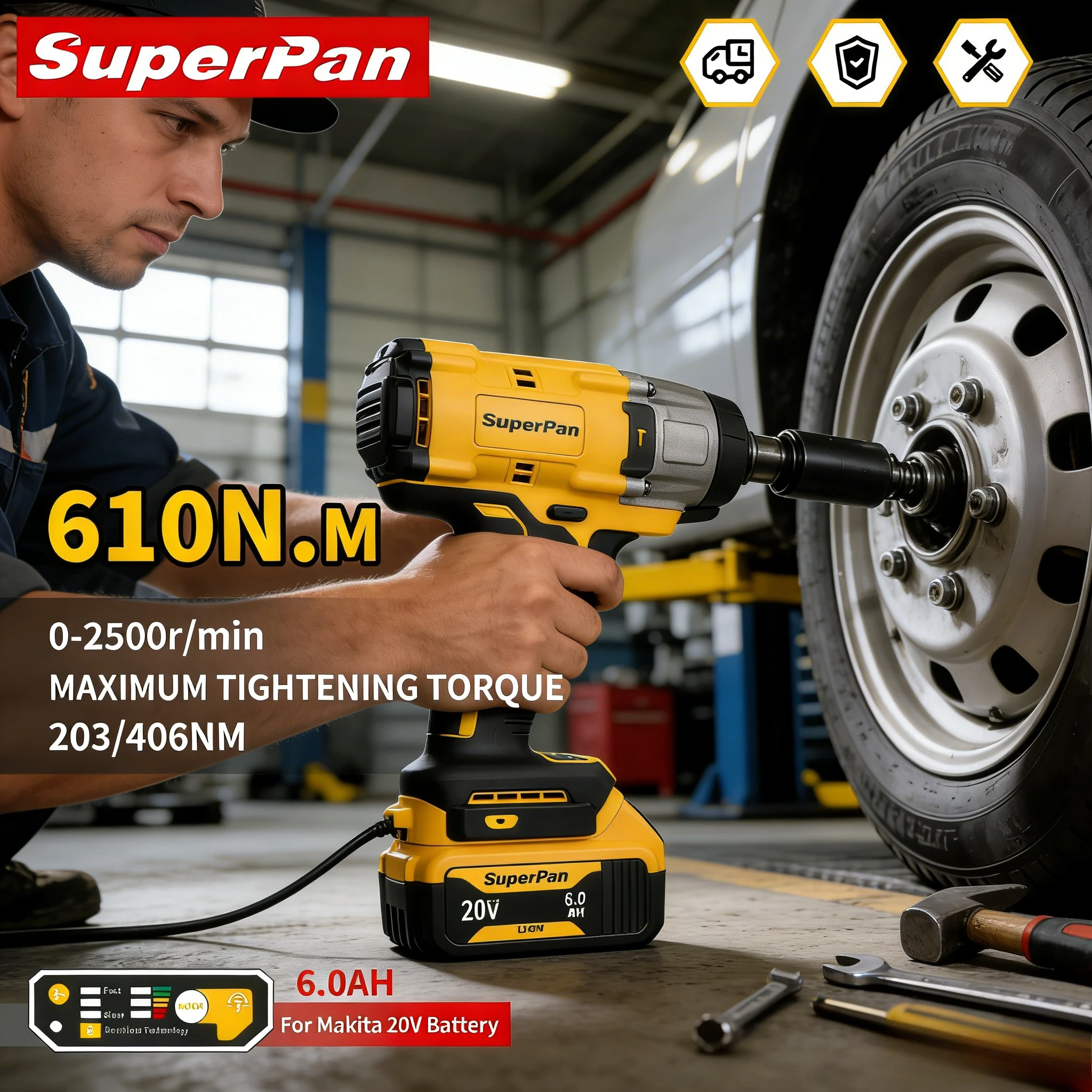 

SuperPan Brushless Impact Wrench Ergonomic Grip Overload Protection Heat Dissipation 20V 610Nm 1/2" Drive for Dewalt
