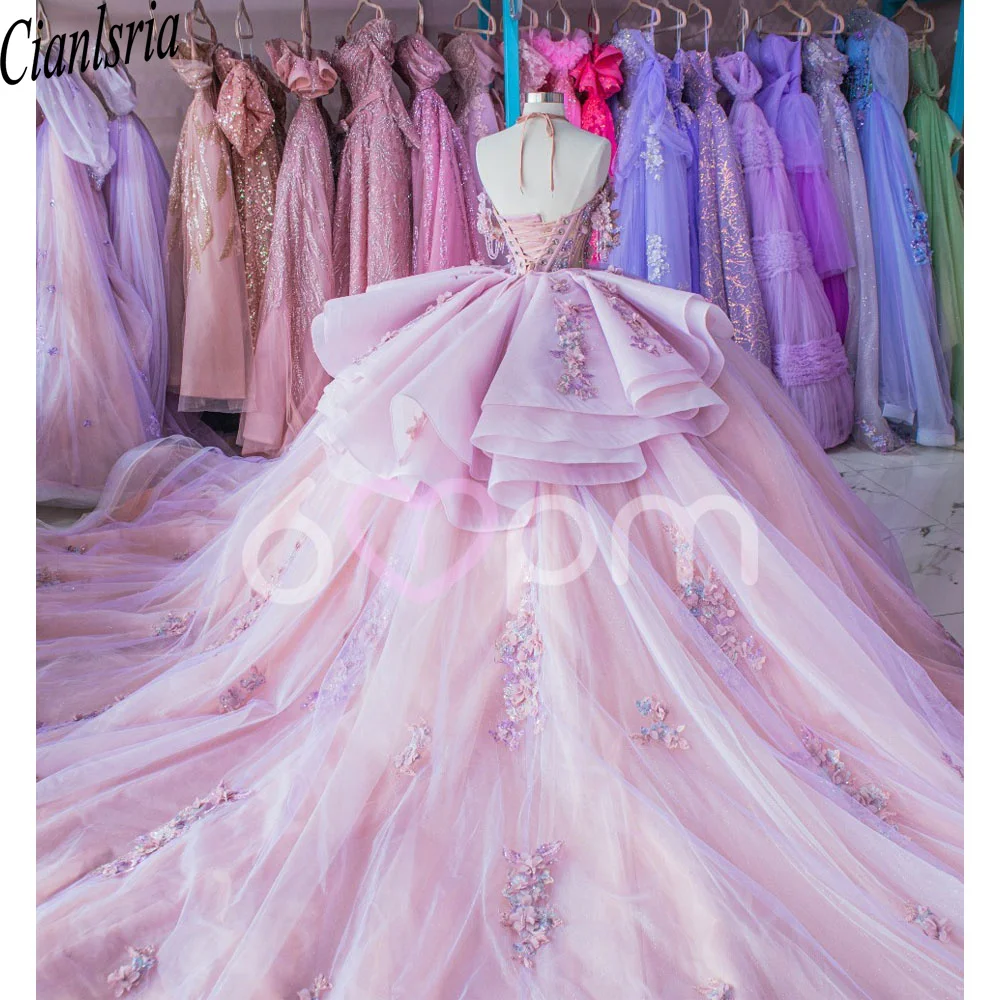 Rosa quinceanera vestido de baile 3d floral apliques miçangas em camadas espartilho doce 16 vestidos de xv 15 anos