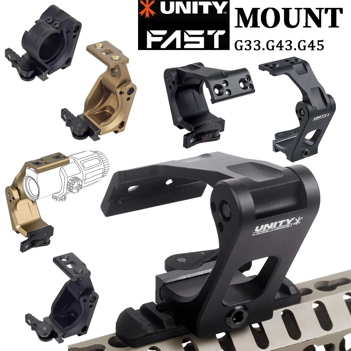 Supports de lunette Unity 2.26" 2.91" pour G33 G43 G45, hauteur optique 2.26", avec magnificateur FTC 3X 5x et levier QD 6X-MAG-1 MOUNT en aluminium