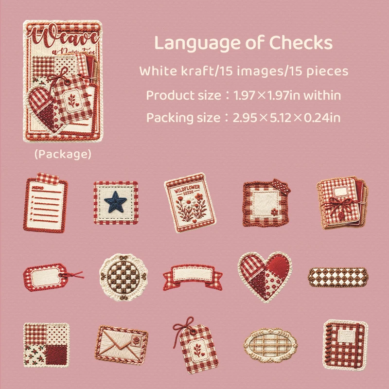 Journal GO, set van 15 vintage stickers in geweven stijl, reliëfgeprinte, stevige kaartjes en labels voor scrapbooking, journaling, planners en knutselprojecten.