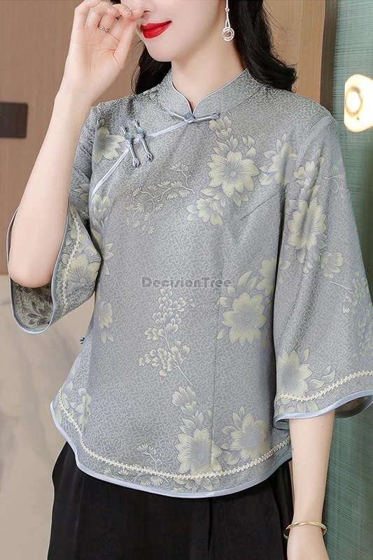 

2025 new chinese national style cheongsam top summer jacquard shirt for women half sleeve stand-up collar retro tang suit blouse