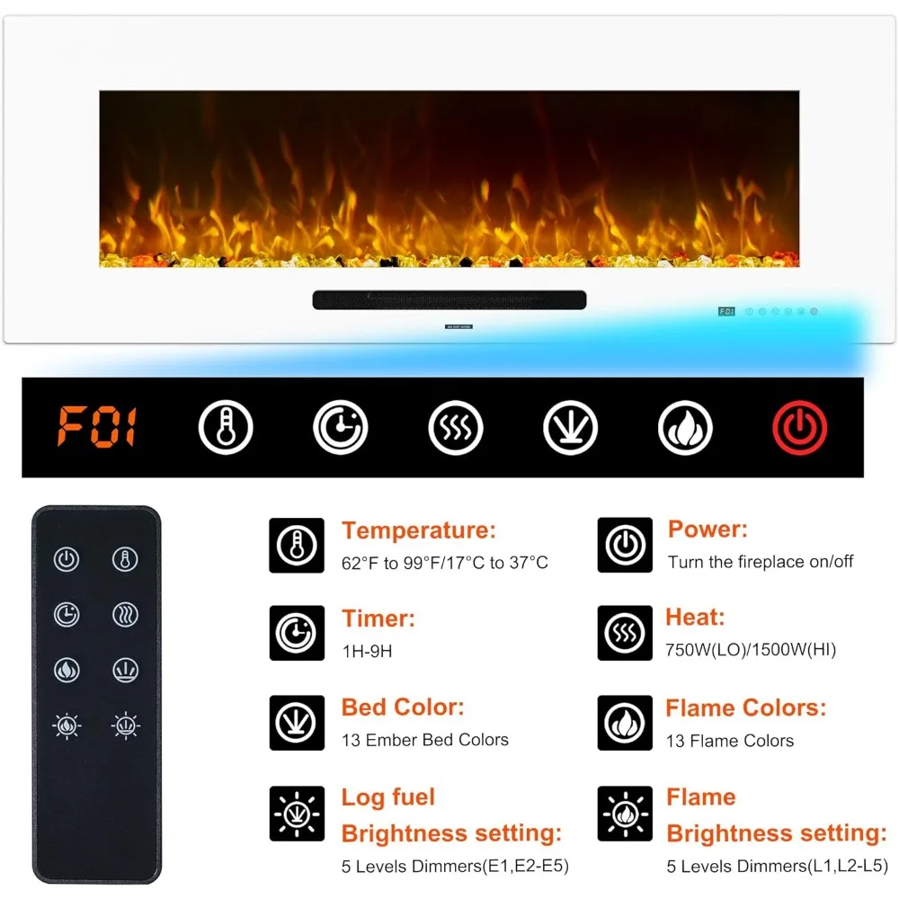 50-Inch Electric Fireplace Heater, Wall-Mounted with Remote Control, 750W/1500W Thermostat, and Multicolor Flame Options