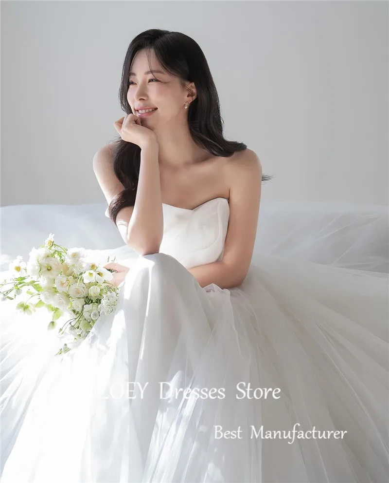 OLOEY ผ้าไหมออร์แกนซ่า เอเลแกนซ์ เอ ไลน์เกาหลีชุดแต่งงานถ่ายภาพหวานใจรัฟเฟิลรัดตัวกลับชุดเจ้าสาวเจ้าหญิง