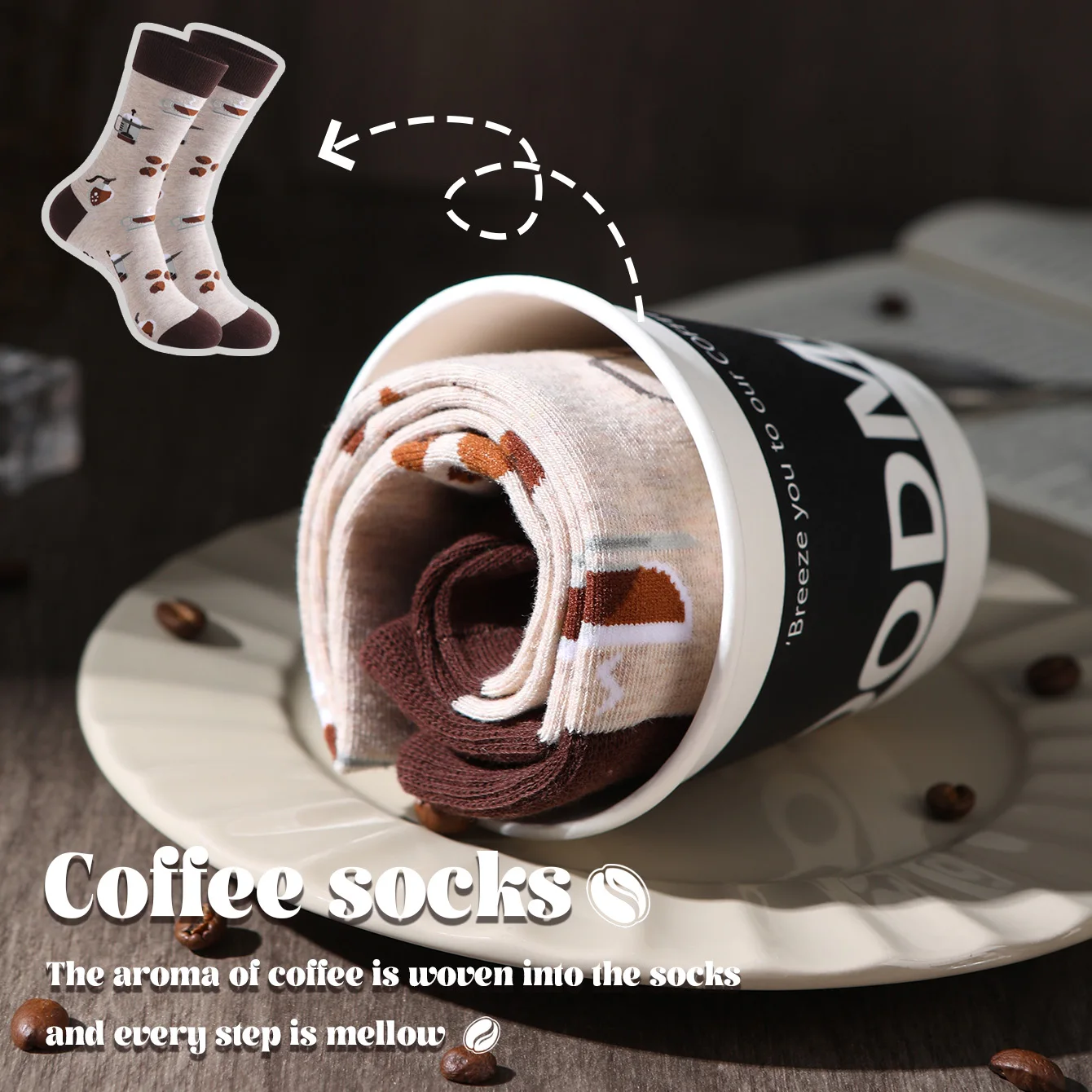 1 pair of unisex mid-calf socks in a novel and interesting coffee-themed gift box, creative socks with a fashionable and trendy style, comfortable and breathable, suitable for parties, casual wear, Valentine's Day, Hal