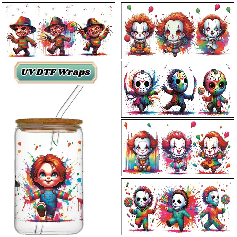 Colorful Horror Chibi Characters UV DTF Wrap, Spooky Halloween Killer Sticker for 16oz Glass Cans, Waterproof DIY Transfer Decal