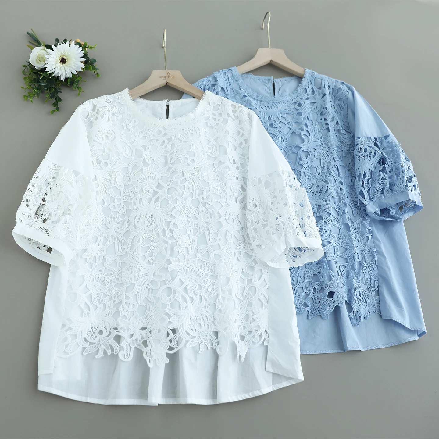

Japanese Sweet Mori Girl Solid Color Embroidery Hollow Out Shirts Women Summer O-Neck Short Sleeve Casual Loose Pullover Blouse