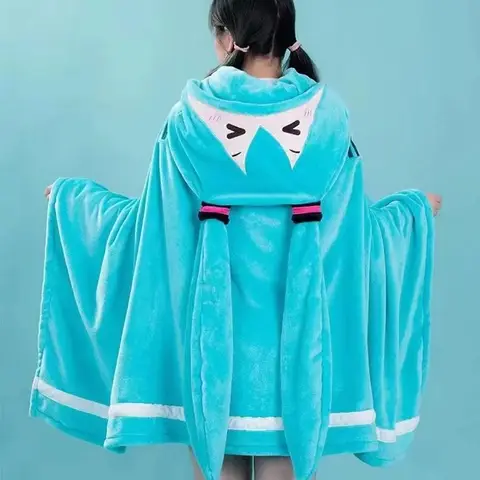 Kawaii Hatsune Miku Itabag Hooded Air Conditioning Blanket, Soft Flannel Warm Shawl Cloak, Cute Cosplay Costume Accessory Gifts