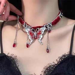New Goth Punk Exaggerated Red Butterfly Pendant Short Choker Chain Necklace Women Charms Rave Jewelry Y2K EMO Scene Accessories