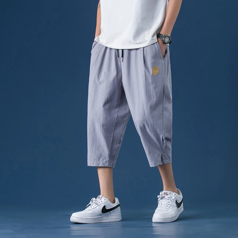 Men's Summer Thin Linen Seven-Five Pants Casual Sport orts Knee-Length Outerwear Breathable Comfortable Straight Leg Trousers