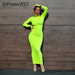 ZHYMIHRE Autumn Winter Turtleneck Neon Color Long Dress Women Long Sleeve Maxi Vestidos Fluorescence Sexy Party Dress Robe Femme