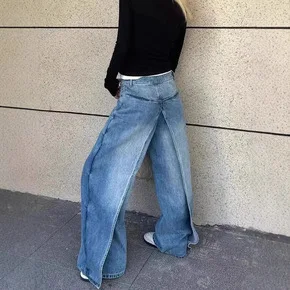 Perna reta solta-ajuste retalhos falso calças jeans de duas peças streetwear casual retro assimétrico afilado calças jeans para mulher