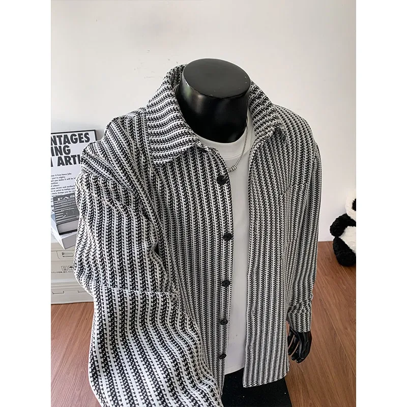 Men Striped Shirt Jacket Loose Lapel Button‑Up Shacket Long Sleeve Casual Oversized Outerwear Streetwear Male Coat