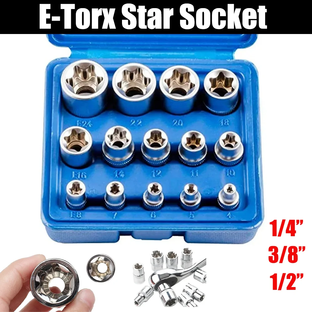 Female E-Torx Star Socket Set with Case 1/4, 3/8, 1/2 in. Drive External Star Socket Set E4-E24 Torque Socket Set